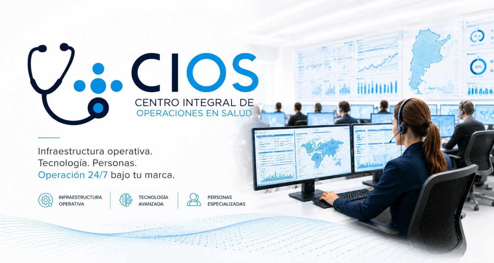 CIOS — Centro Integral de Operaciones en Salud. Infraestructura operativa. Tecnología. Personas. Operación 24/7 bajo tu marca. Al lado, la sala de operaciones con sus operadores y el tablero de indicadores.