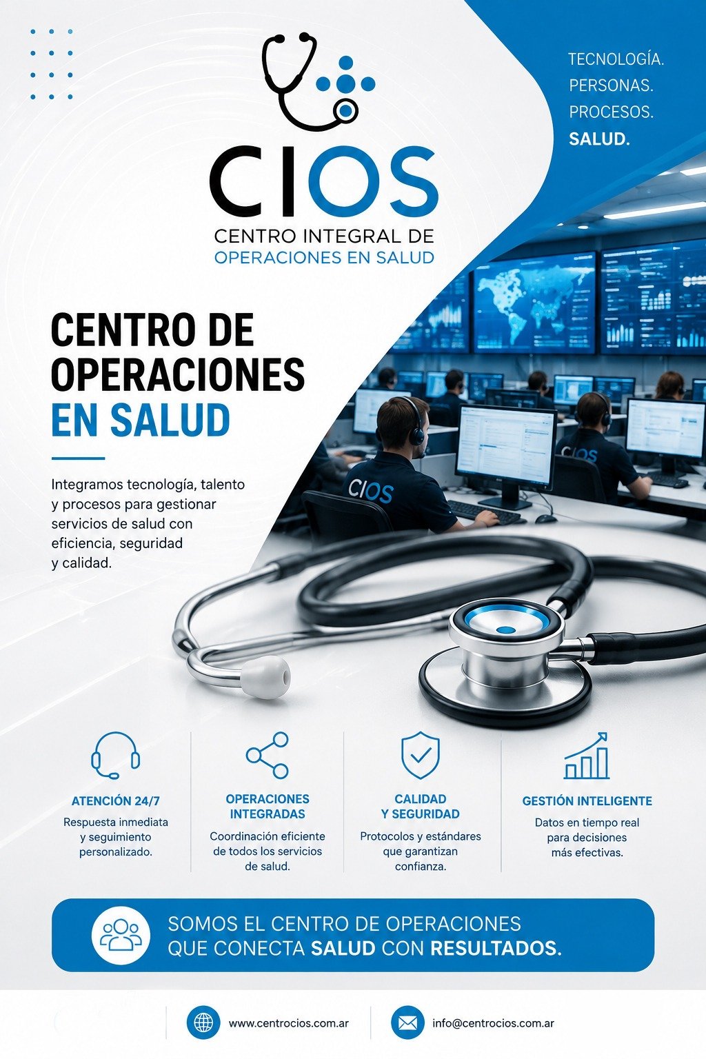 Flyer institucional de CIOS: centro de operaciones en salud, atención 24/7, operaciones integradas, calidad y seguridad, y gestión inteligente